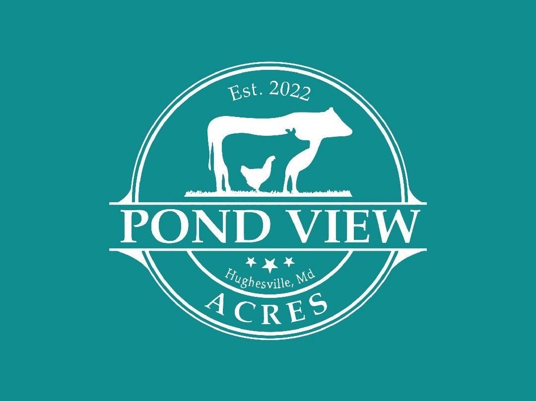 Shop+All Logo of Pond View Acres, established in 2022 in Hughesville, Maryland, featuring a cow and a chicken in a circular design.