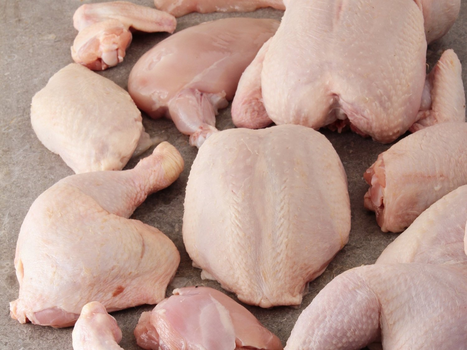 chicken_cuts_variety_raw Raw chicken pieces including thighs, breasts, and wings arranged on a gray surface, showcasing various cuts for cooking and meal preparation.